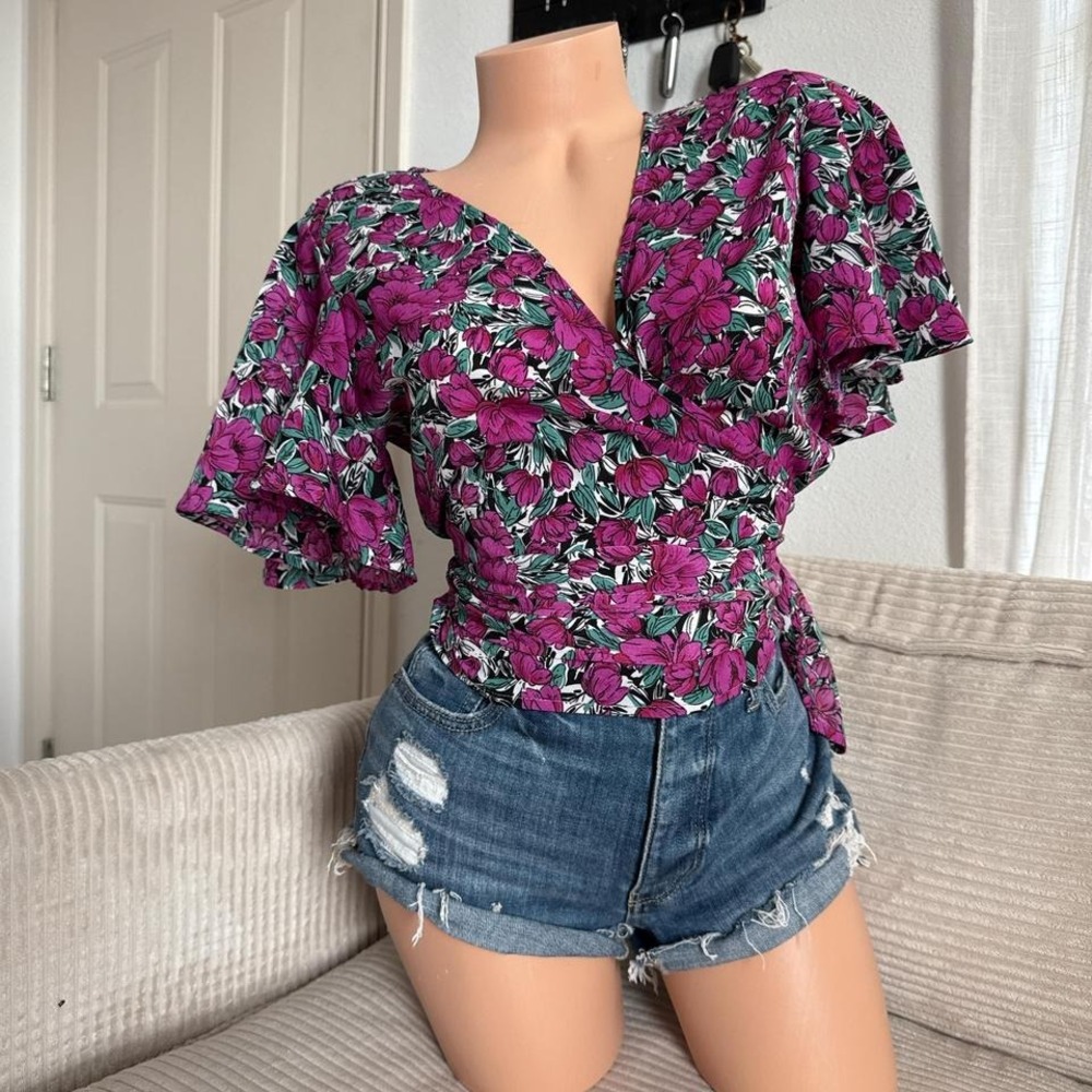 Floral print wrap top with flowy sleeves